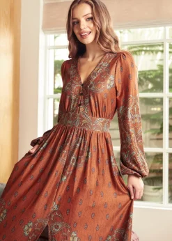 BTC Goldie Hour V-Neck Midi Dress Terra Cotta Twist Best