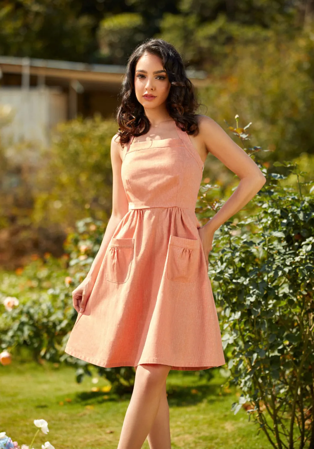 ModCloth Halter Ego Fit and Flare Dress Peach Outlet