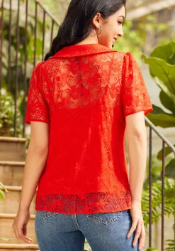 ModCloth Heart Throb Button-Up Top Red Heart Lace Best