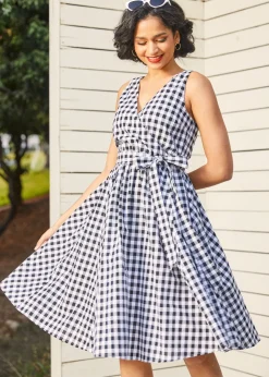 Instant Energy Faux-Wrap Dress Navy Gingham Outlet