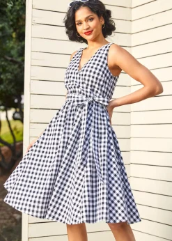 Instant Energy Faux-Wrap Dress Navy Gingham Outlet