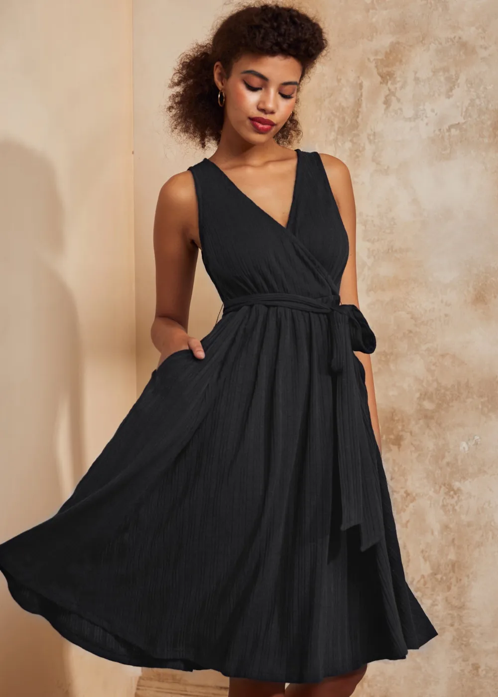 Instant Energy Faux-Wrap Knit Dress Black Sale