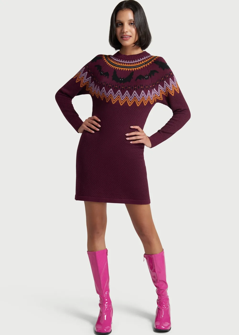 ModCloth It Be Like 'Bat' Fair Isle Sweater Dress Purple Bats Sale