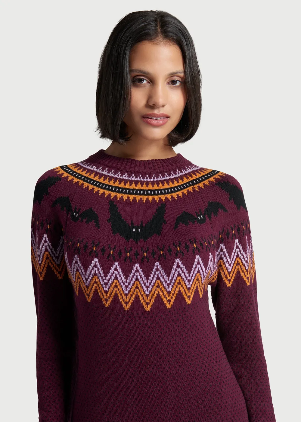 ModCloth It Be Like 'Bat' Fair Isle Sweater Dress Purple Bats Sale