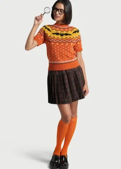 ModCloth It Be Like 'Bat' Fair Isle Short Sleeve Sweater Orange Bat New