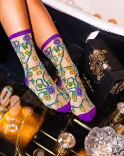 Jeweled Floral Gold Shimmer Sheer Crew Sock Clearance