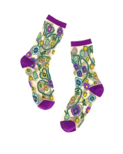 Jeweled Floral Gold Shimmer Sheer Crew Sock Clearance