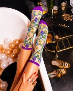 Jeweled Floral Gold Shimmer Sheer Crew Sock Clearance