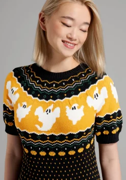 ModCloth Jump Scare Short Sleeve Fair Isle Sweater Dress Black Ghost Best