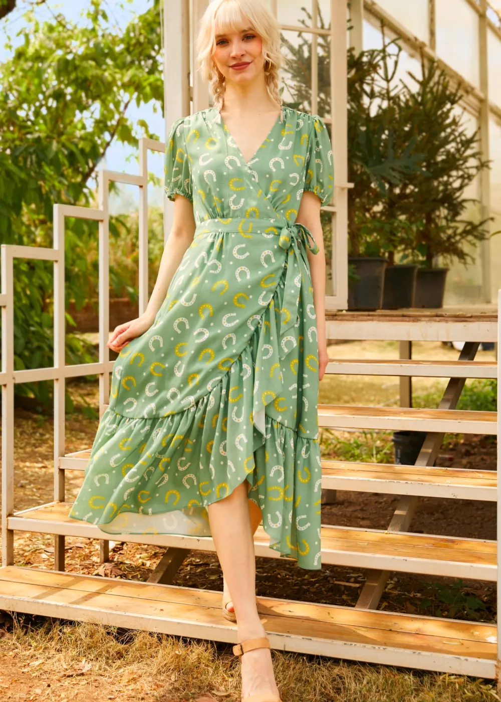 Luck Be a Lady Wrap Dress Green Horseshoe New