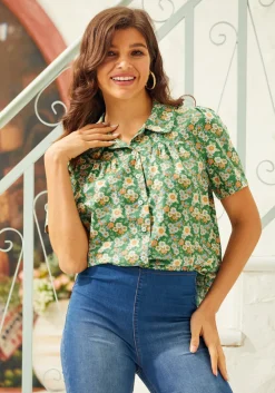 BTC Made For Merriment Button-Up Top Green Floral Sale
