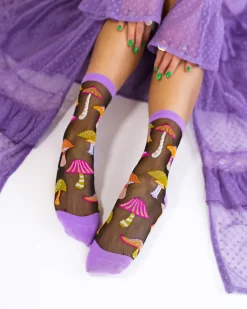 Magic Mushrooms Black Sheer Crew Sock Discount