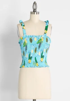 Collectif ModCloth x Sea Turtle Soiree Smocked Tank Top Blue Floral/Critters Clearance