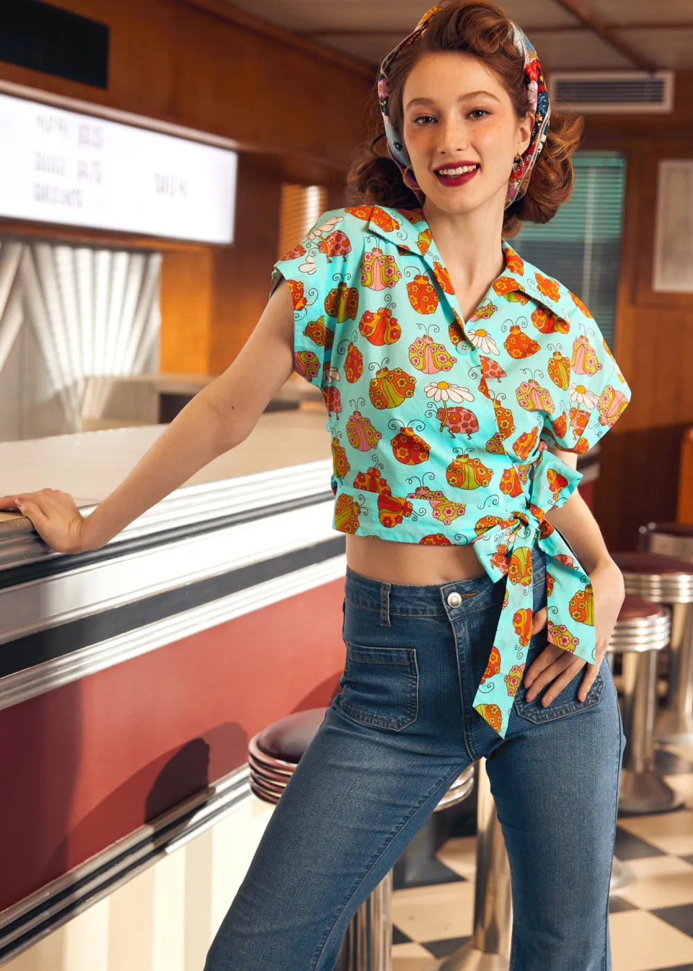 ModCloth x Marisol Muro Fabulous Fantasies Wrap Top Blue Ladybug New