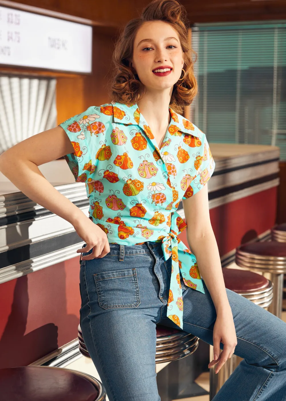 ModCloth x Marisol Muro Fabulous Fantasies Wrap Top Blue Ladybug New