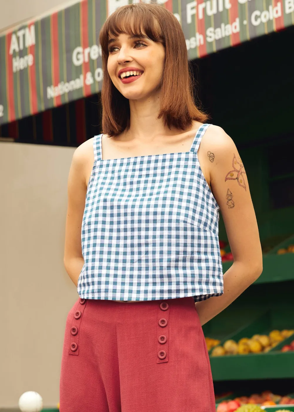 Morning Melody Top Blue Check Discount