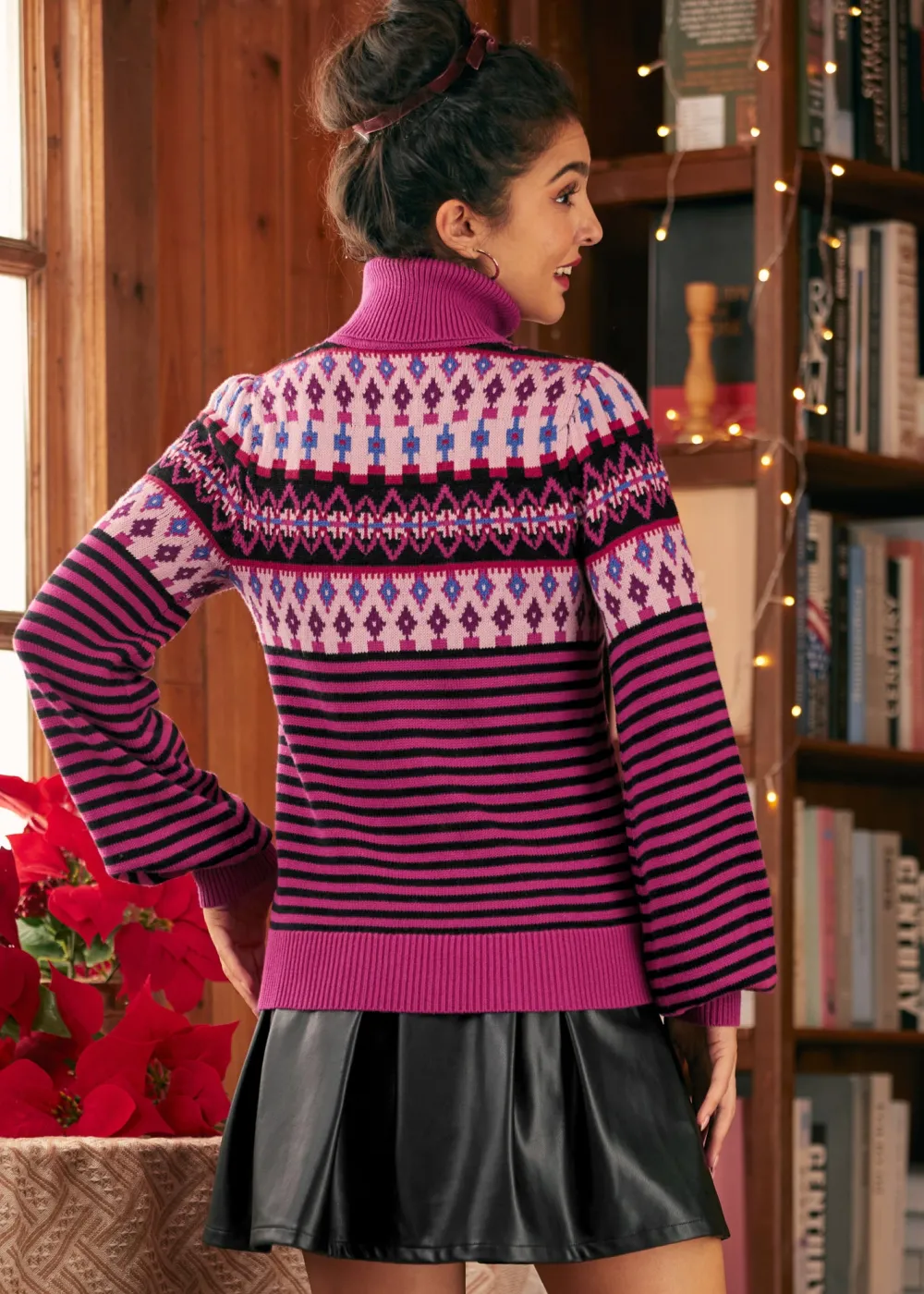 BTC Nostalgic Knit Puff Shoulder Turtleneck Mystic Magenta Hot