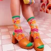 Orange Floral Sheer Crew Sock Hot
