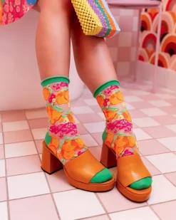Orange Floral Sheer Crew Sock Hot