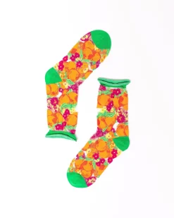 Orange Floral Sheer Crew Sock Hot