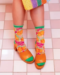 Orange Floral Sheer Crew Sock Hot