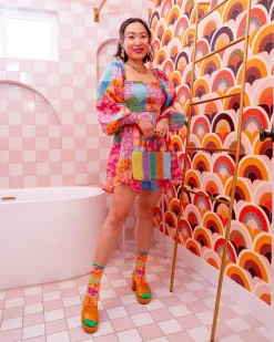 Orange Floral Sheer Crew Sock Hot