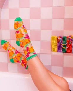 Orange Floral Sheer Crew Sock Hot
