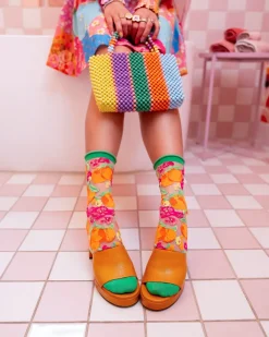 Orange Floral Sheer Crew Sock Hot