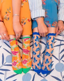 Orange Floral Sheer Crew Sock Hot