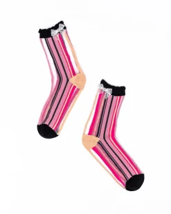 Parisian Stripe Ruffle Bow Sheer Crew Sock New