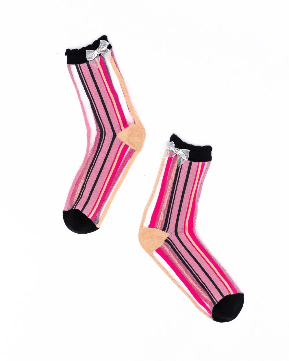 Parisian Stripe Ruffle Bow Sheer Crew Sock New