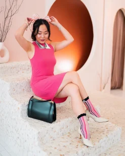 Parisian Stripe Ruffle Bow Sheer Crew Sock New