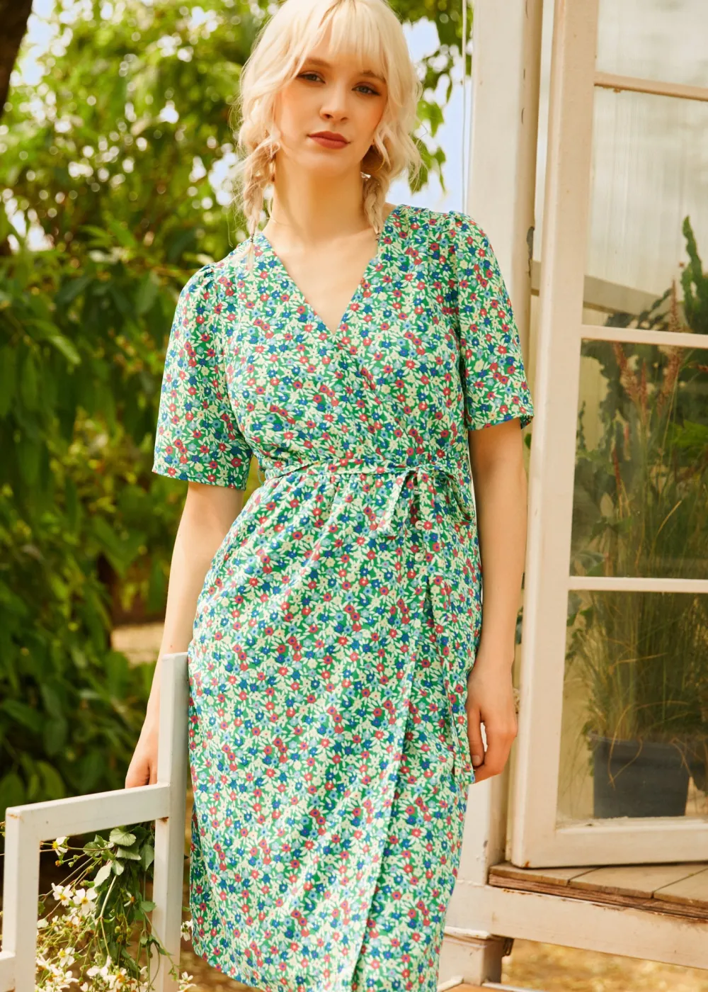 BTC Petal & Promise Wrap Dress Green Floral Clearance
