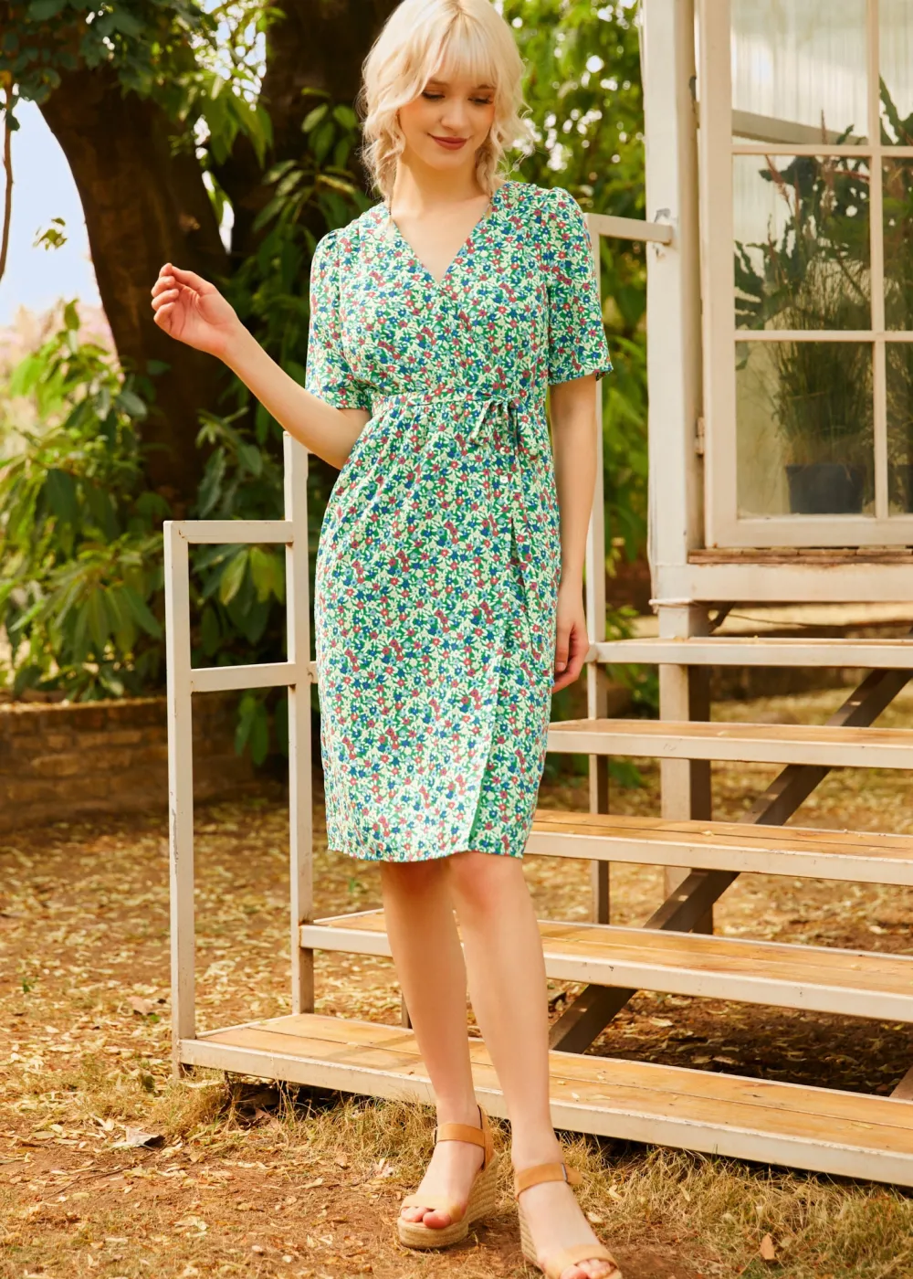 BTC Petal & Promise Wrap Dress Green Floral Clearance