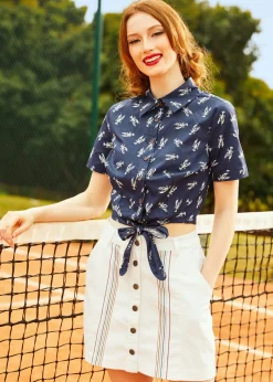 Collectif Pinch Of Style Tie-Waist Top Navy Lobsters Best