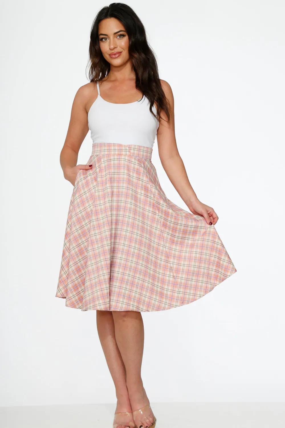 Pink Plaid Swing Skirt Outlet