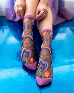 Pop Art Planets Black Sheer Crew Sock Best