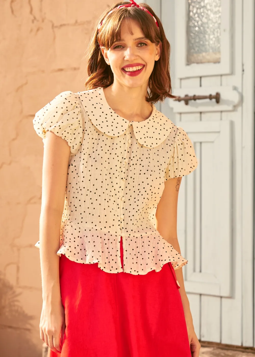 Prim & Peplum Blouse Pepper & Cream Hot