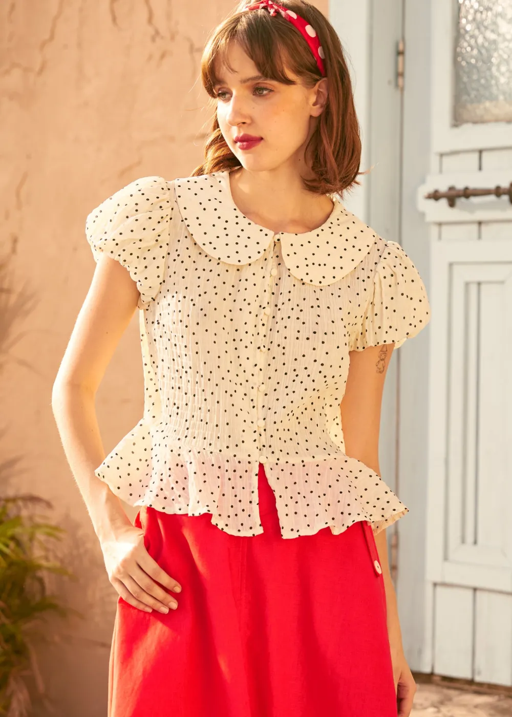 Prim & Peplum Blouse Pepper & Cream Hot