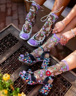 Rabbit Floral Black Sheer Crew Sock Hot