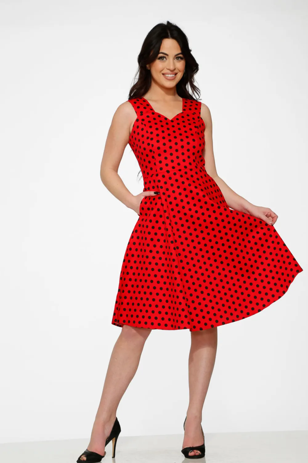 Red & Black Polka Dot Swing Dress Discount