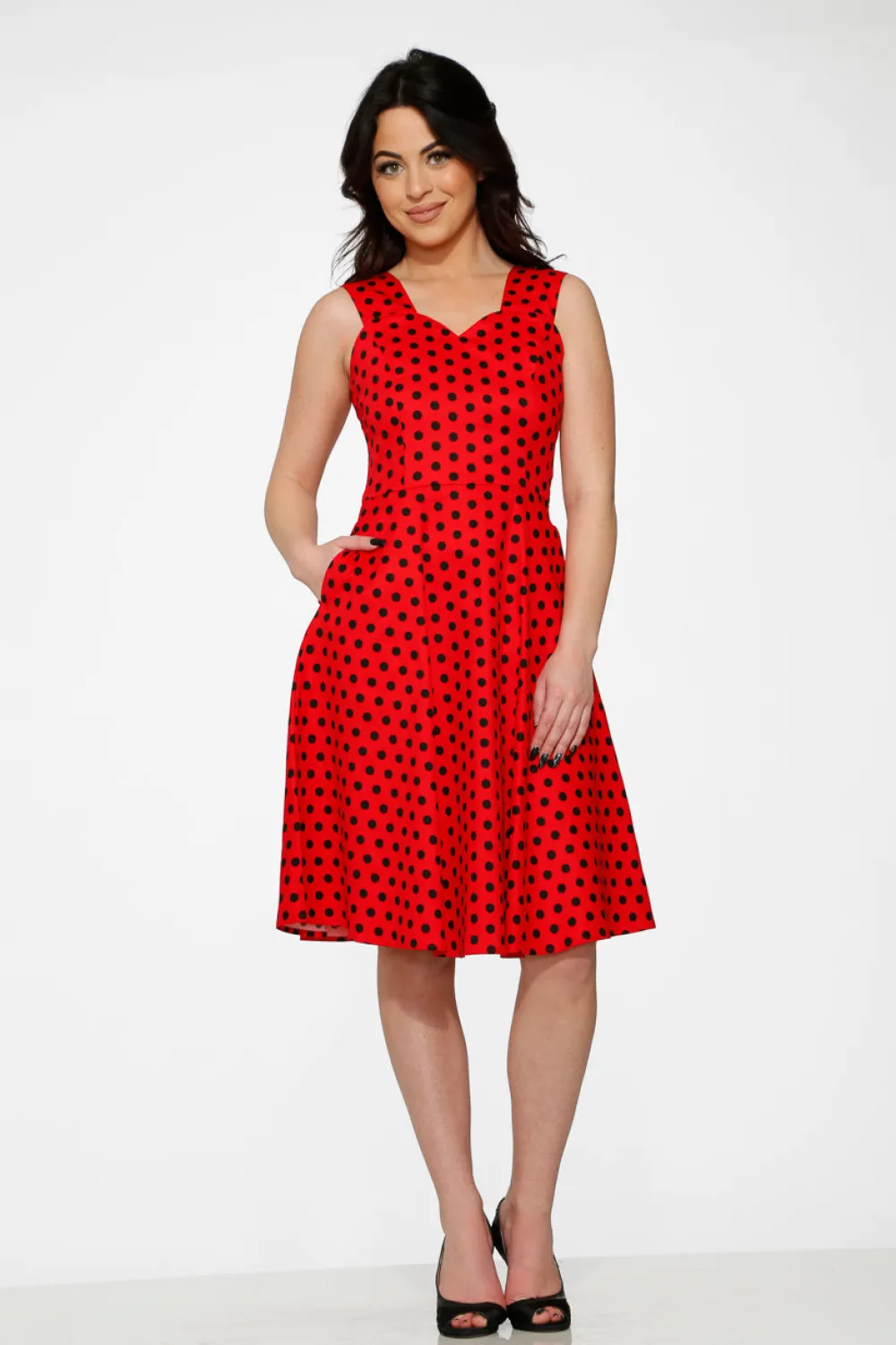 Red & Black Polka Dot Swing Dress Discount