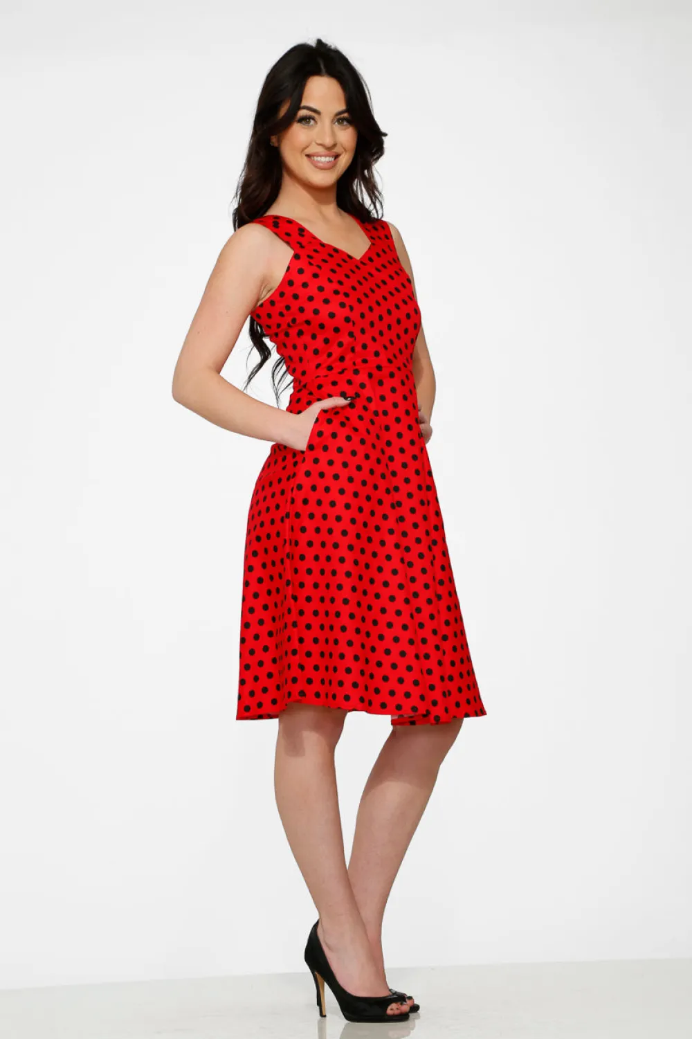 Red & Black Polka Dot Swing Dress Discount