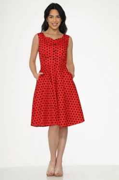 Red Black Polka Dot Swing Dress Discount