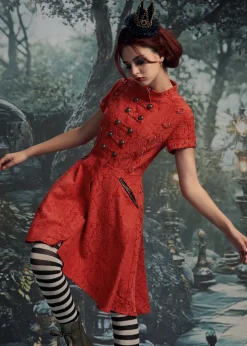 Red Jacquard Battalion Swing Dress Outlet