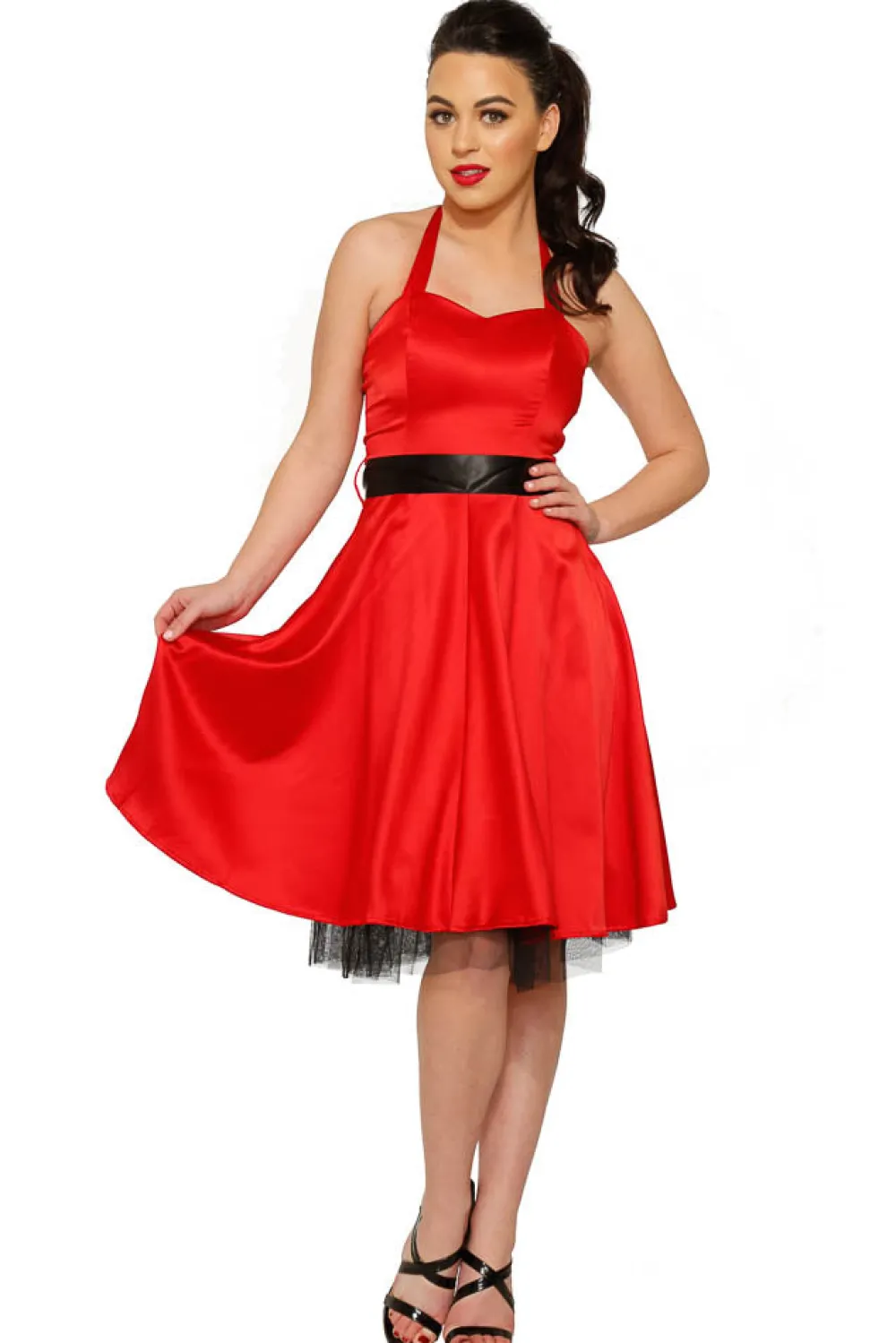 Red Satin Halter Swing Dress Outlet