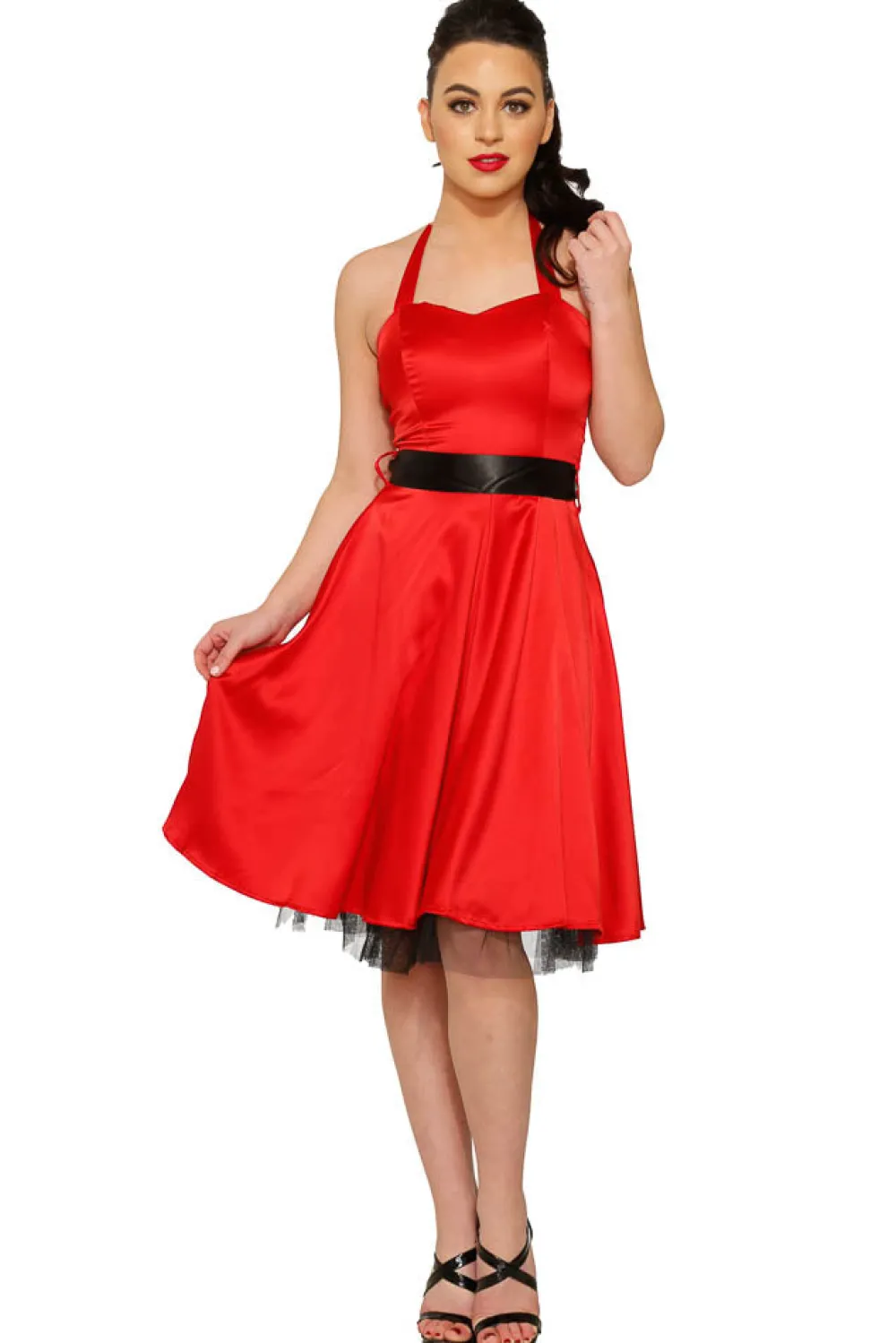 Red Satin Halter Swing Dress Outlet