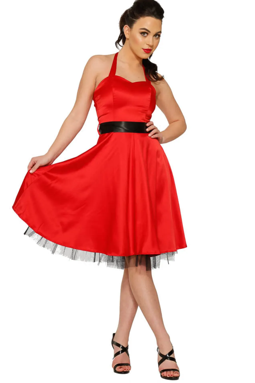 Red Satin Halter Swing Dress Outlet