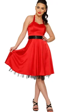 Red Satin Halter Swing Dress Outlet
