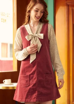 Retro Radiance V-Neck Corduroy Dress Dusty Rose Outlet